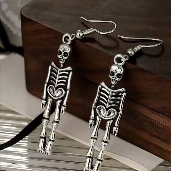 Jewelry - Halloween Skeleton Earrings – Silver Dangle Statement Earrings | Spooky Gothic